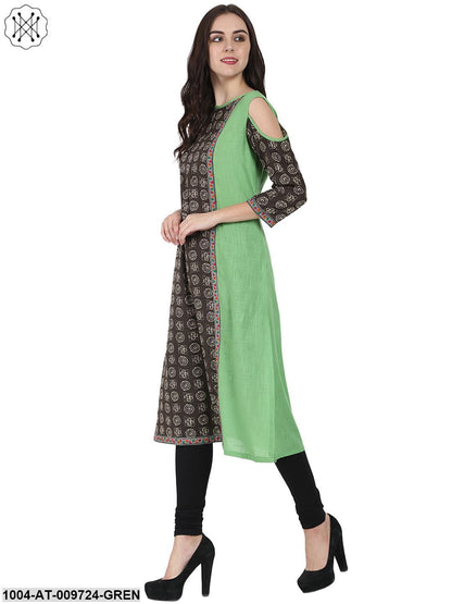 Green Printed 3/4Th Sleeve Cotton A-Line Kurta