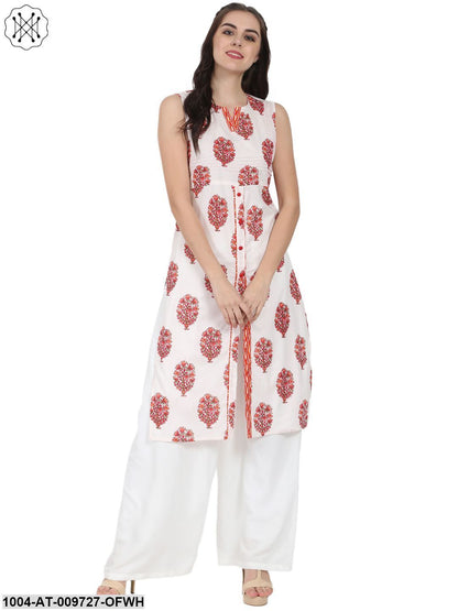 Off White Printed Sleeveless Cotton Kurta
