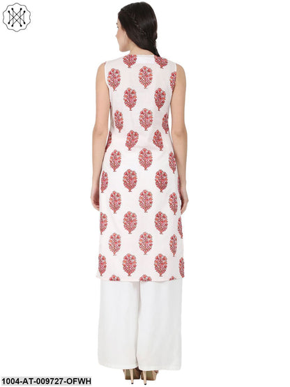 Off White Printed Sleeveless Cotton Kurta