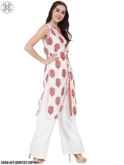 Off White Printed Sleeveless Cotton Kurta