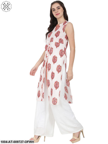 Off White Printed Sleeveless Cotton Kurta