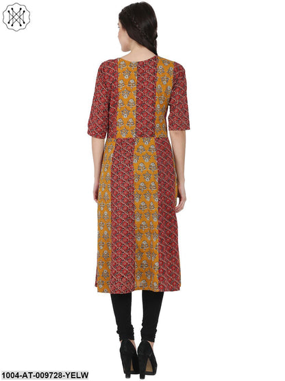 Yellow & Maroon Printed 3/4Th Sleeve Cotton A-Line Kurta
