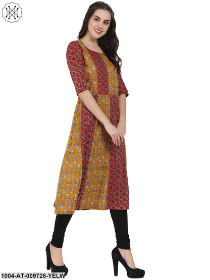 Yellow & Maroon Printed 3/4Th Sleeve Cotton A-Line Kurta