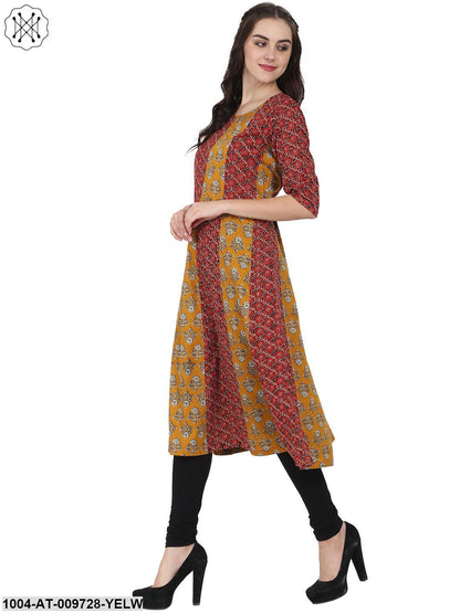 Yellow & Maroon Printed 3/4Th Sleeve Cotton A-Line Kurta