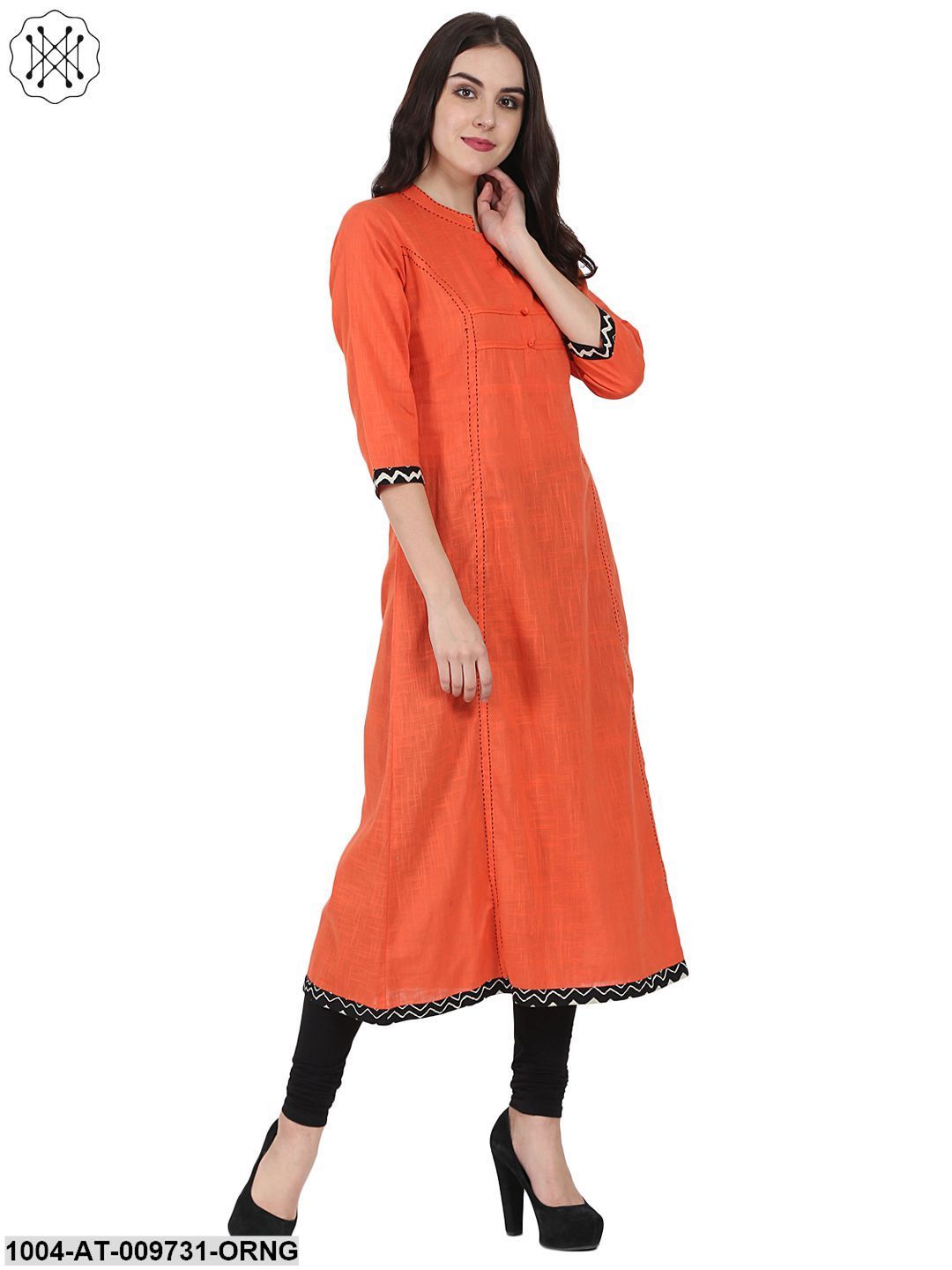Orange 3/4Th Sleeve Cotton Slub A-Line Kurta