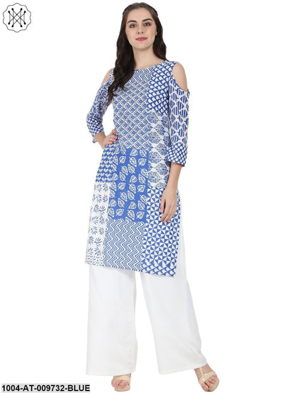 Blue Printed 3/4Th Sleeve Cold Shoulder Cotton Kurta