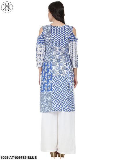 Blue Printed 3/4Th Sleeve Cold Shoulder Cotton Kurta