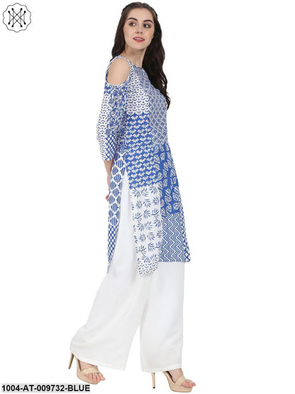 Blue Printed 3/4Th Sleeve Cold Shoulder Cotton Kurta