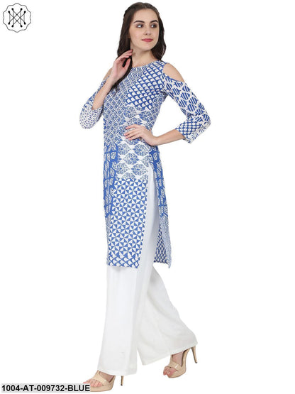 Blue Printed 3/4Th Sleeve Cold Shoulder Cotton Kurta