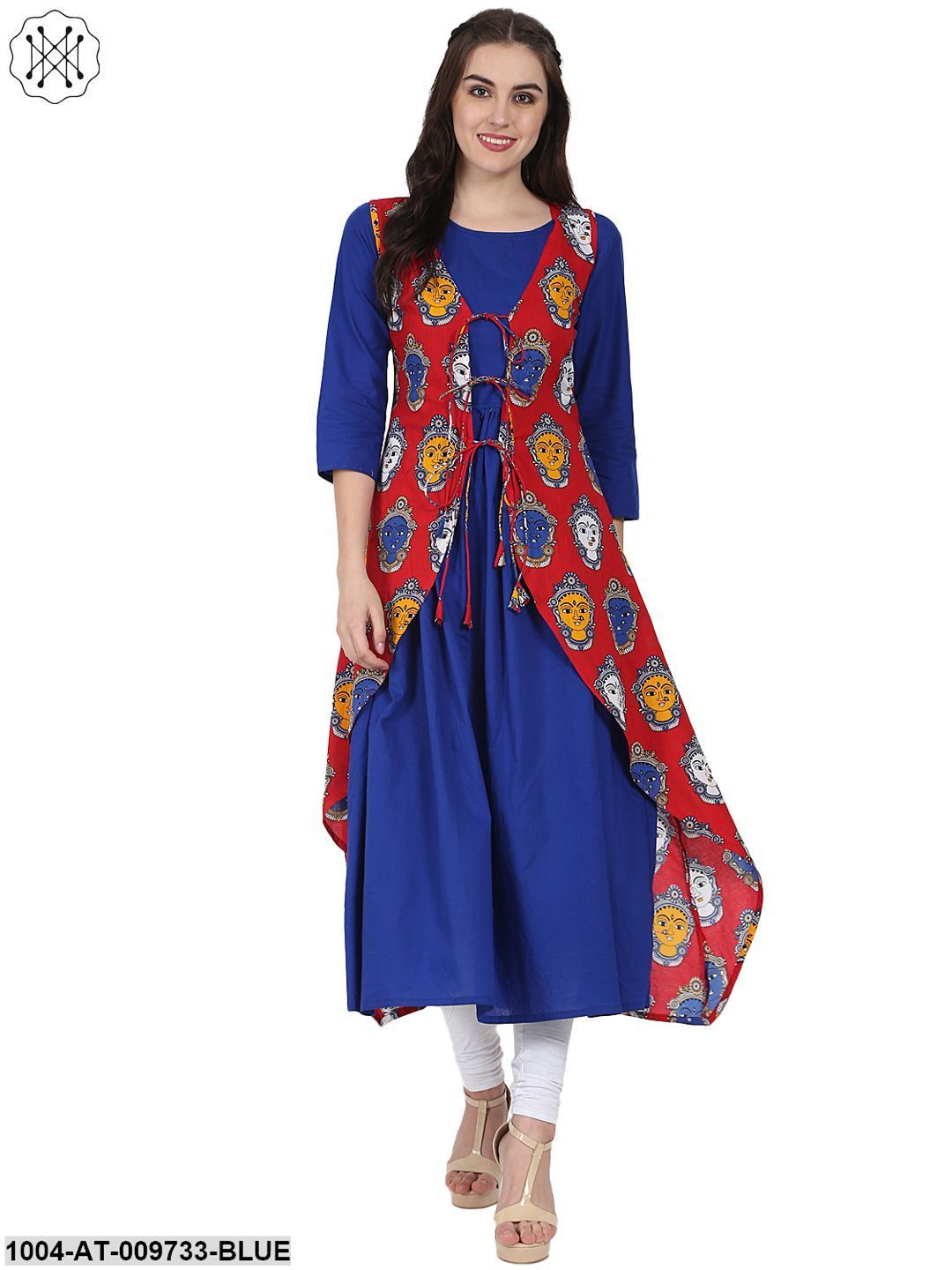 Blue 3/4Th Sleeve Cotton Anarkali Kurta With Red Printed Jacket