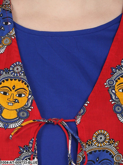 Blue 3/4Th Sleeve Cotton Anarkali Kurta With Red Printed Jacket