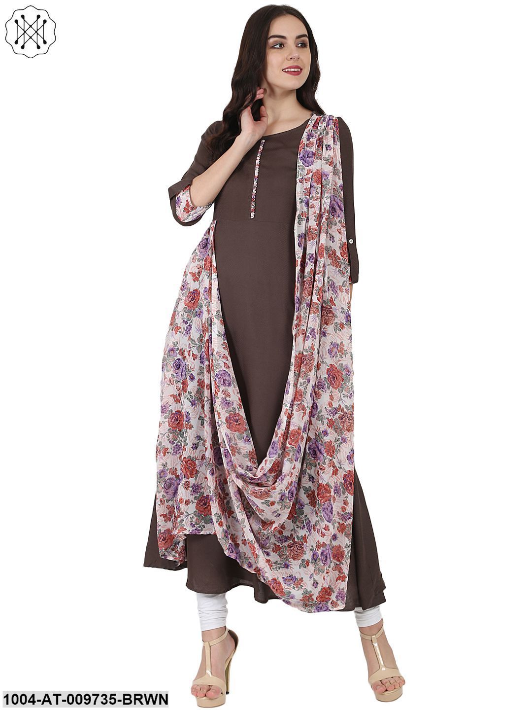 Coffee Brown Flower Printed 3/4Th Sleeve Drape Style Cotton Anarkali Kurta