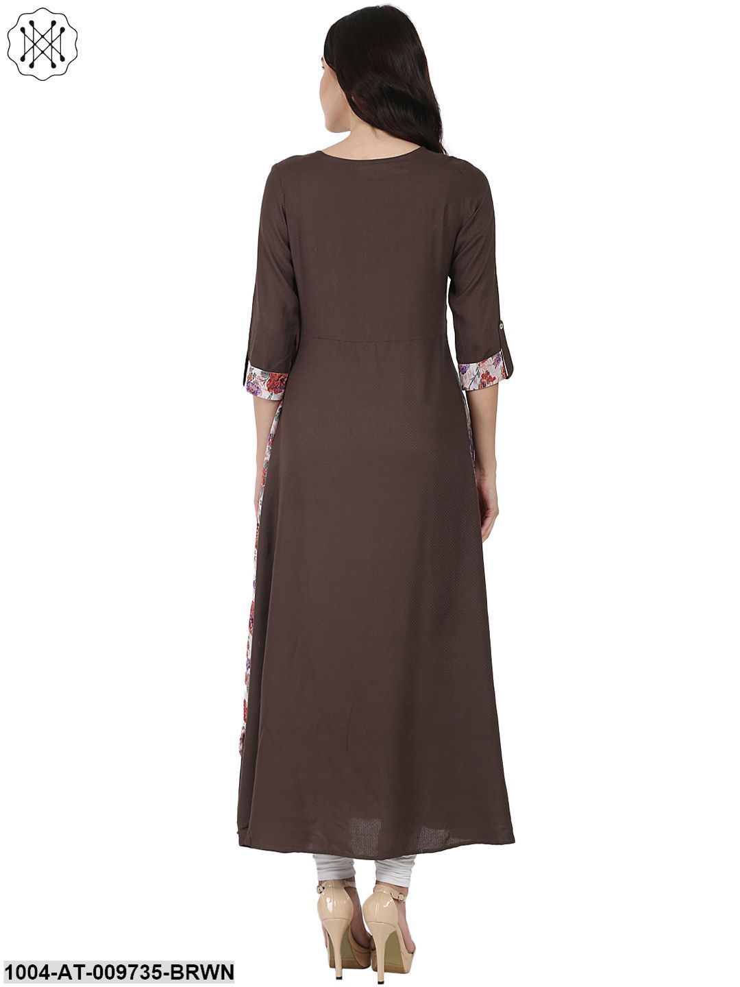 Coffee Brown Flower Printed 3/4Th Sleeve Drape Style Cotton Anarkali Kurta