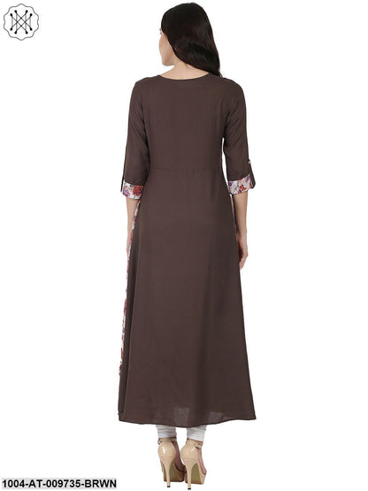 Coffee Brown Flower Printed 3/4Th Sleeve Drape Style Cotton Anarkali Kurta