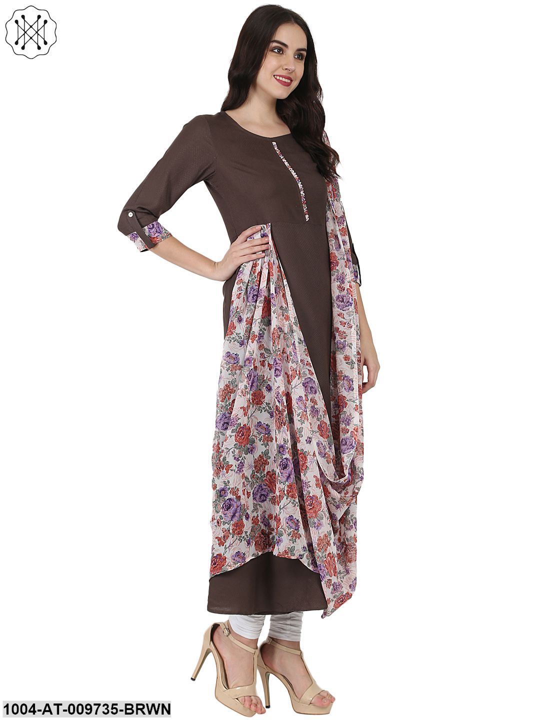 Coffee Brown Flower Printed 3/4Th Sleeve Drape Style Cotton Anarkali Kurta