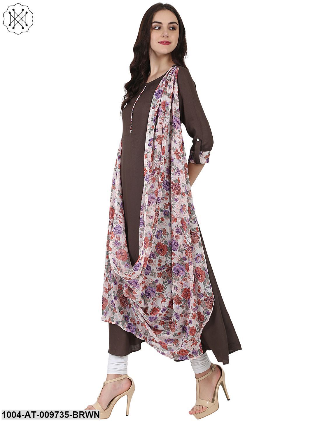 Coffee Brown Flower Printed 3/4Th Sleeve Drape Style Cotton Anarkali Kurta