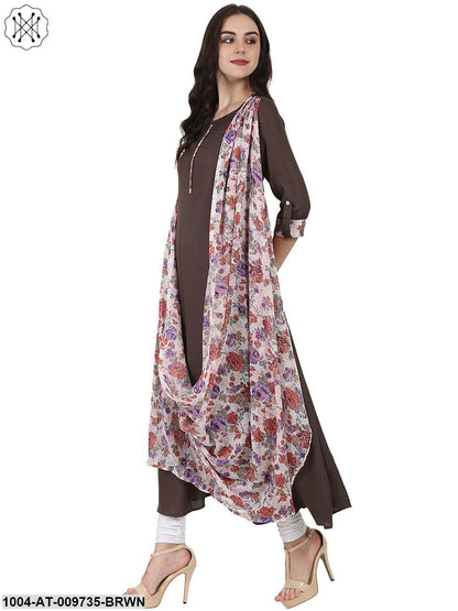 Coffee Brown Flower Printed 3/4Th Sleeve Drape Style Cotton Anarkali Kurta