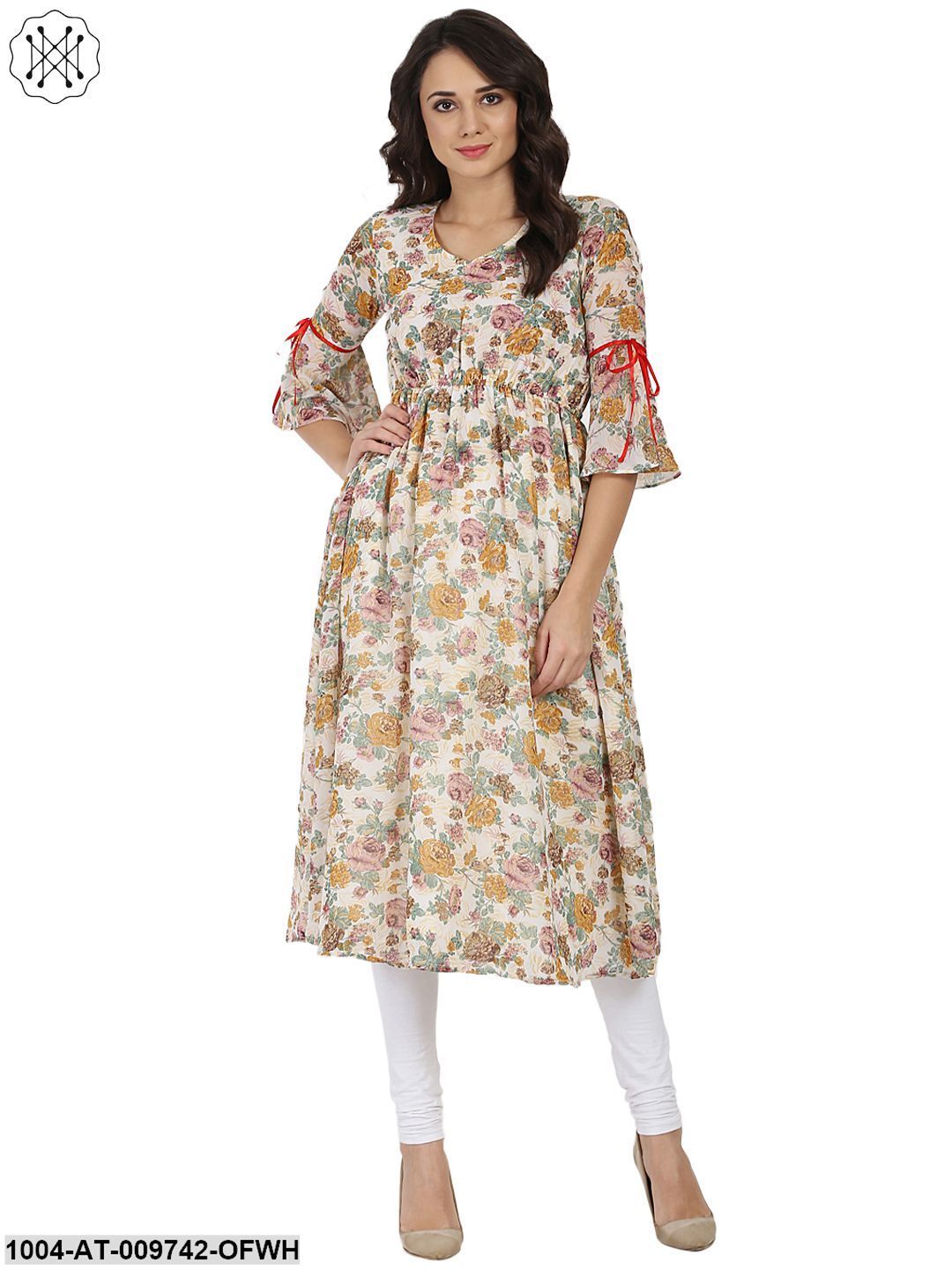 Off White Flower Printed 3/4Th Sleeve Georgette Anarkali Kurta