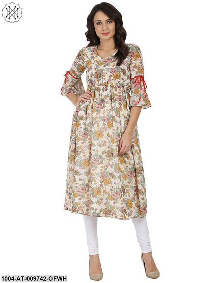 Off White Flower Printed 3/4Th Sleeve Georgette Anarkali Kurta