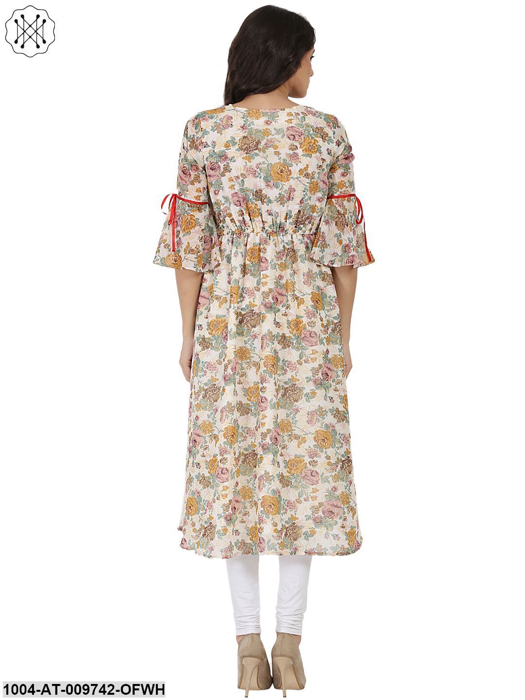 Off White Flower Printed 3/4Th Sleeve Georgette Anarkali Kurta