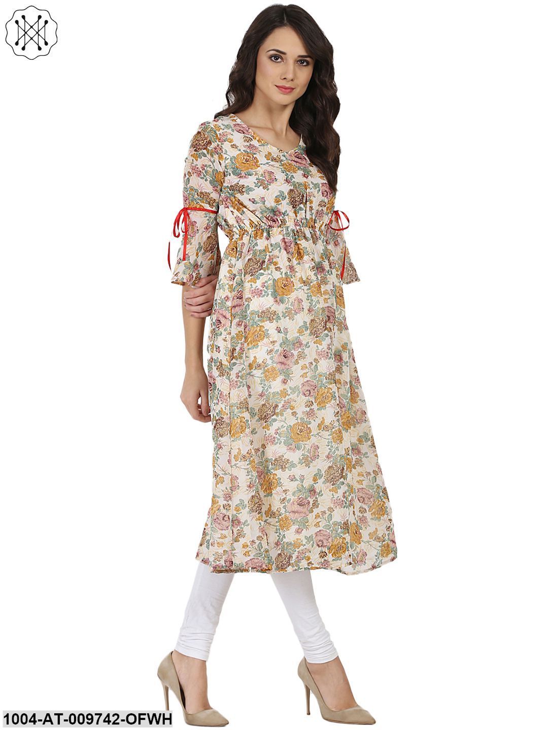 Off White Flower Printed 3/4Th Sleeve Georgette Anarkali Kurta