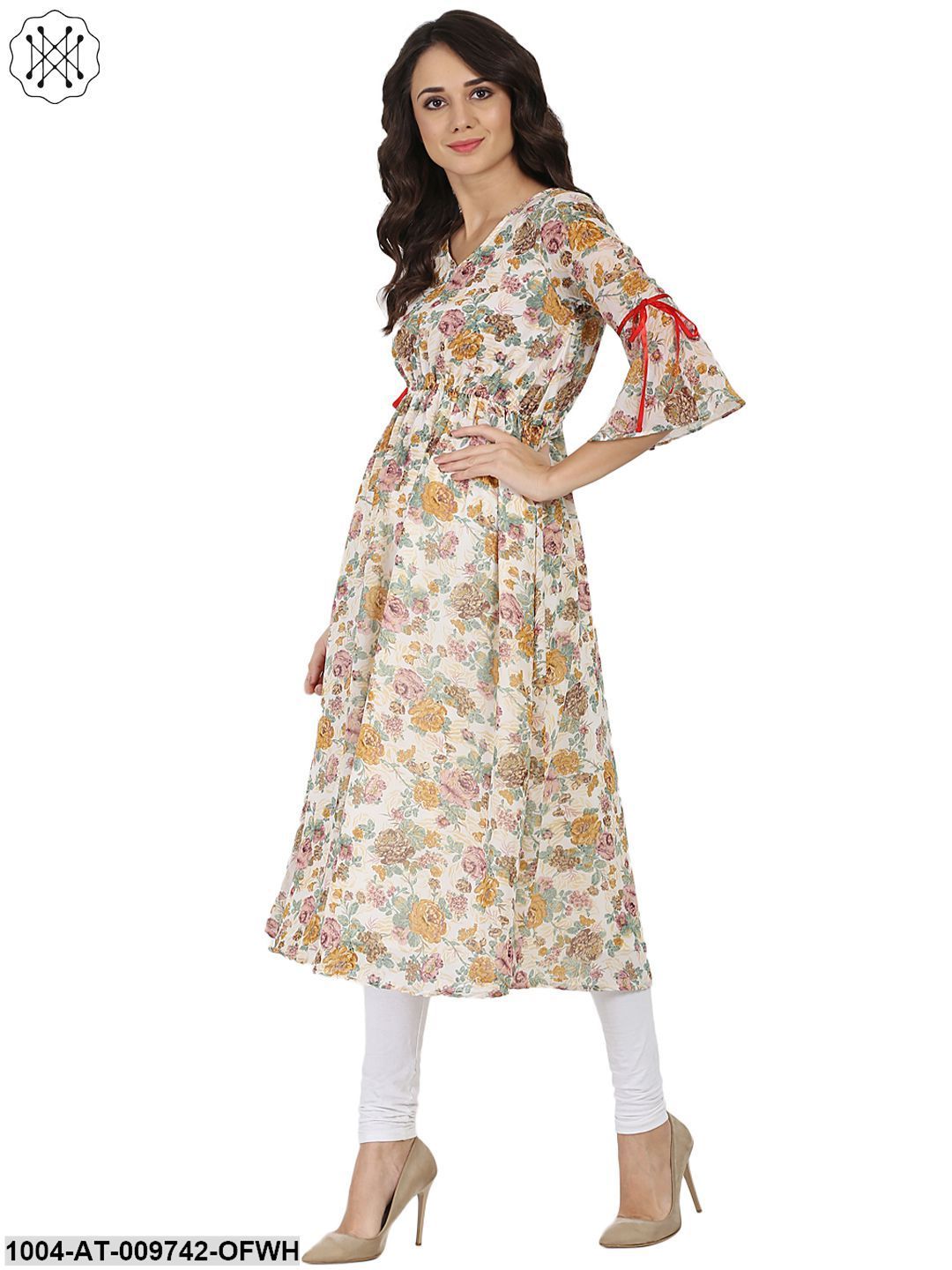 Off White Flower Printed 3/4Th Sleeve Georgette Anarkali Kurta