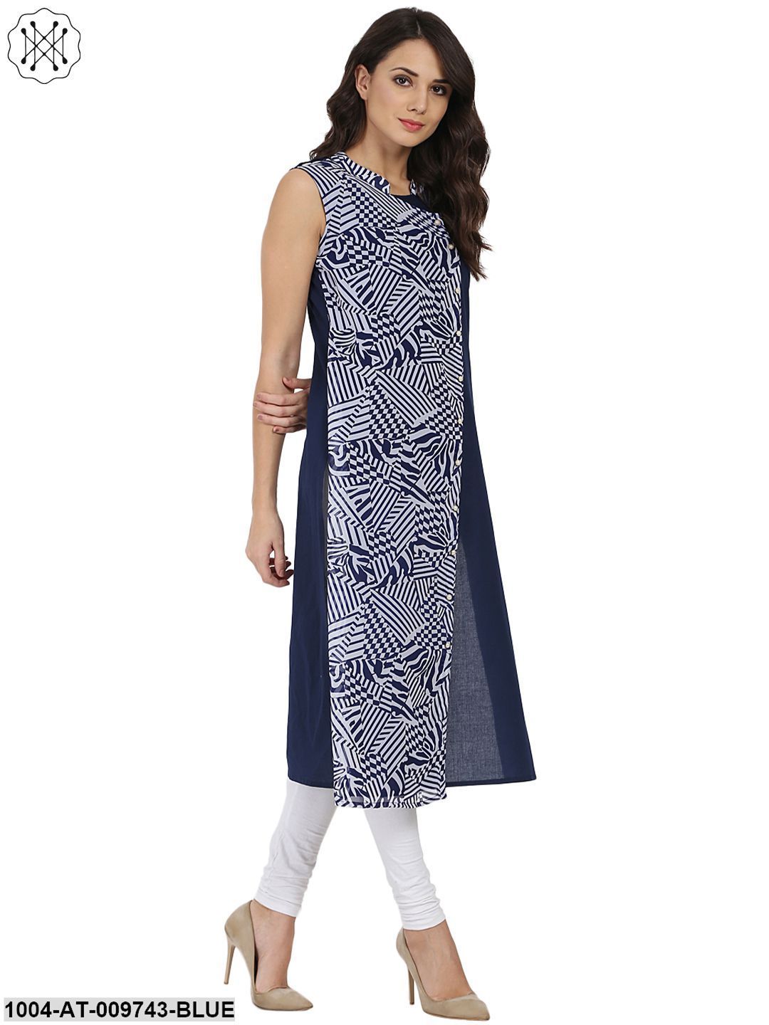 Blue Printed Sleeveless Georgette Angrakha Style Kurta