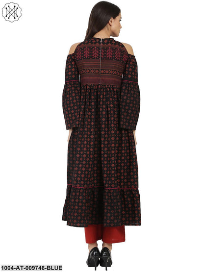 Blue Printed Full Sleeve Cold Shoulder Cotton Anarkali Kurta