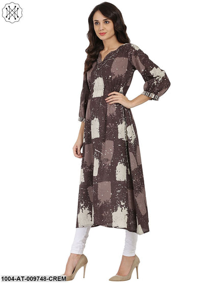 Taupe Printed 3/4Th Sleeve Cotton Anarkali Kurta