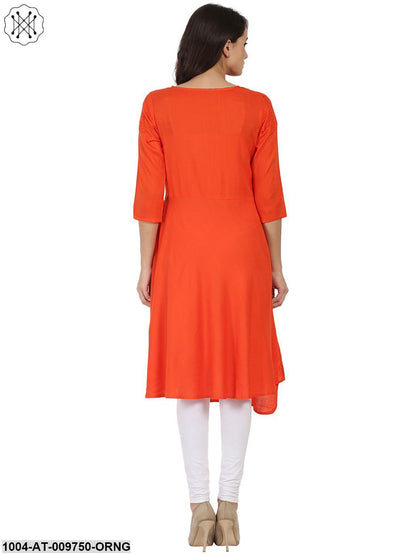 Orange 3/4Th Sleeve Rayon Slub A-Line Kurta With Pleat Work At Yoke