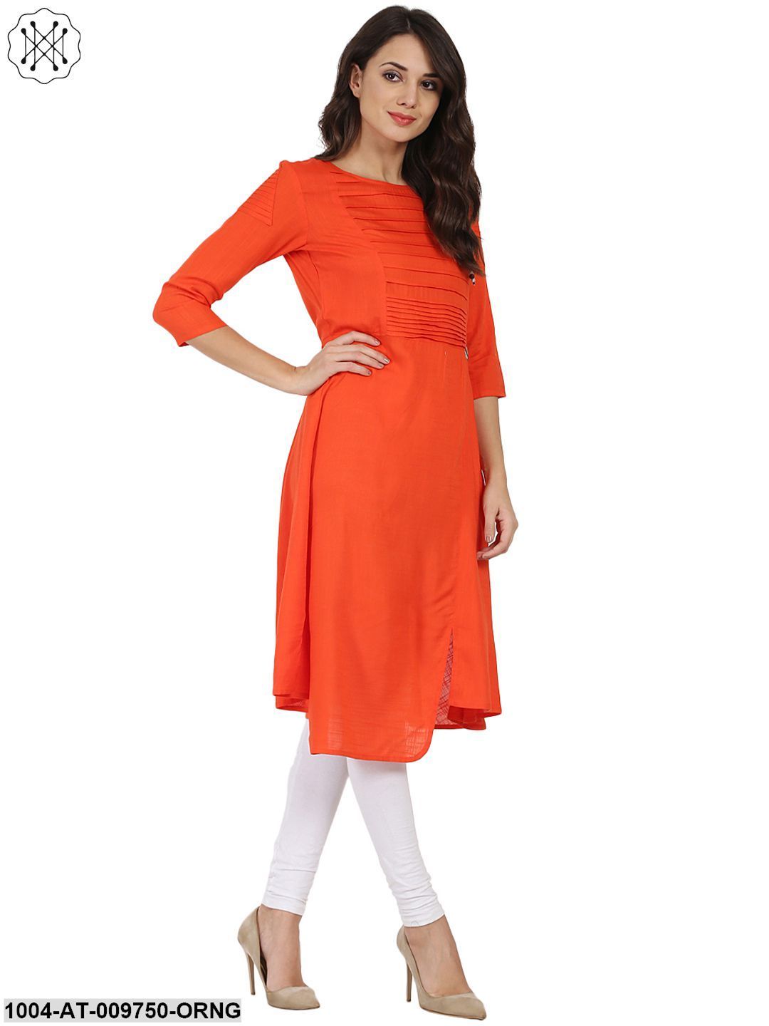 Orange 3/4Th Sleeve Rayon Slub A-Line Kurta With Pleat Work At Yoke