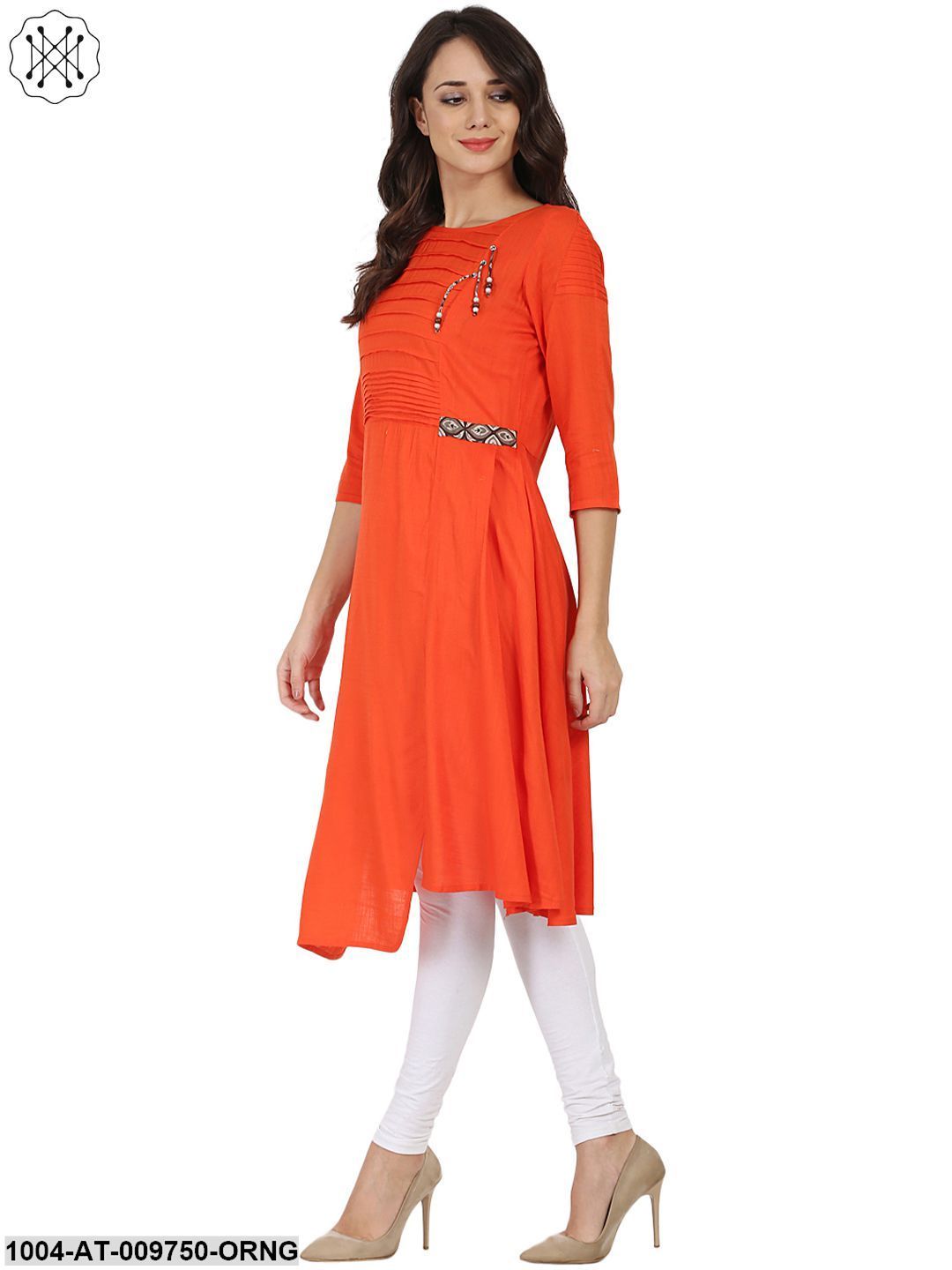 Orange 3/4Th Sleeve Rayon Slub A-Line Kurta With Pleat Work At Yoke