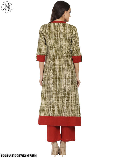 Green Printed 3/4Th Sleeve Cotton A-Line Kurta