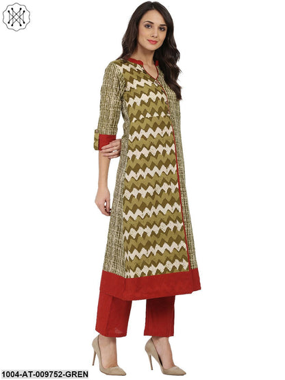 Green Printed 3/4Th Sleeve Cotton A-Line Kurta