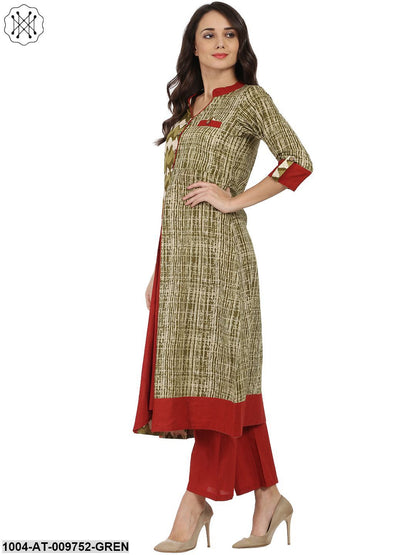 Green Printed 3/4Th Sleeve Cotton A-Line Kurta