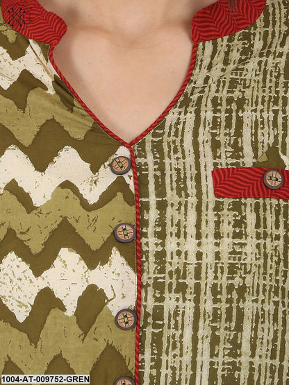 Green Printed 3/4Th Sleeve Cotton A-Line Kurta