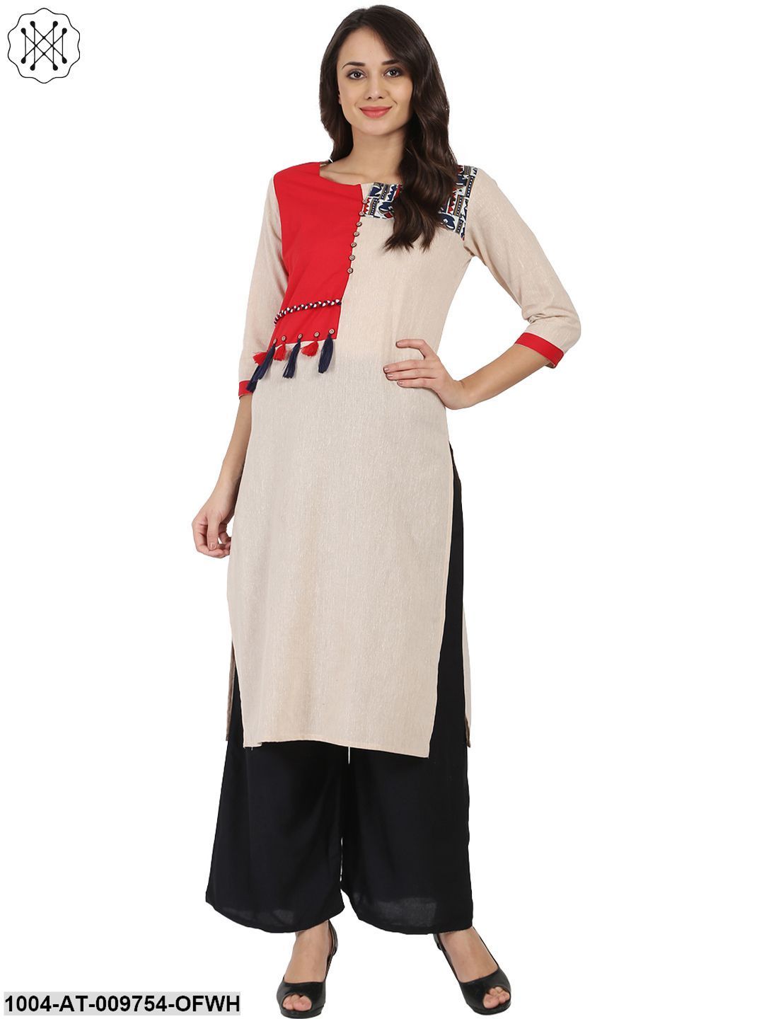 Off White 3/4Th Sleeve South Cotton Chemary Straight Kurta With Designed Yoke