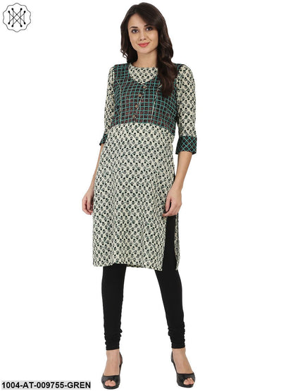Green Printed 3/4Th Sleeve Cotton Kurta