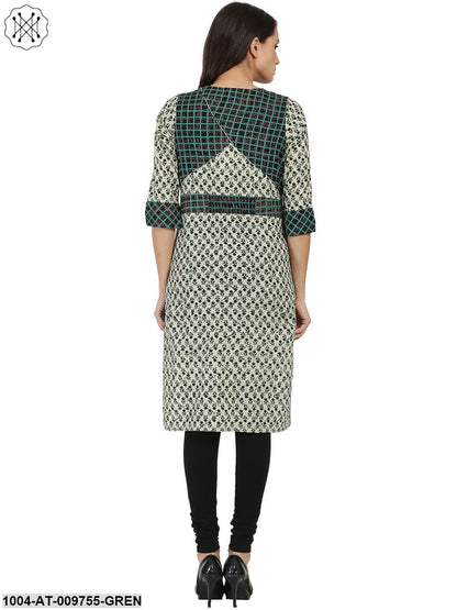Green Printed 3/4Th Sleeve Cotton Kurta