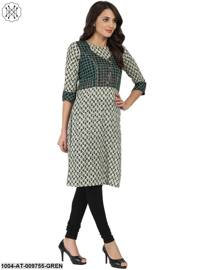 Green Printed 3/4Th Sleeve Cotton Kurta