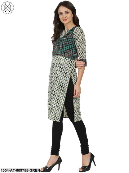 Green Printed 3/4Th Sleeve Cotton Kurta