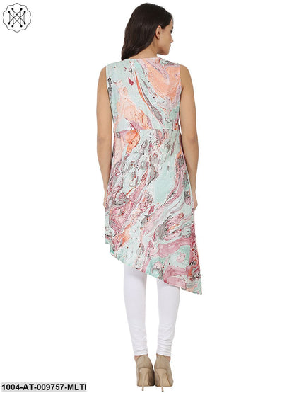 Multi Printed 3/4Th Sleeve Cotton MarbleKurta With Yoke Design