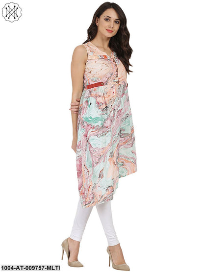 Multi Printed 3/4Th Sleeve Cotton MarbleKurta With Yoke Design