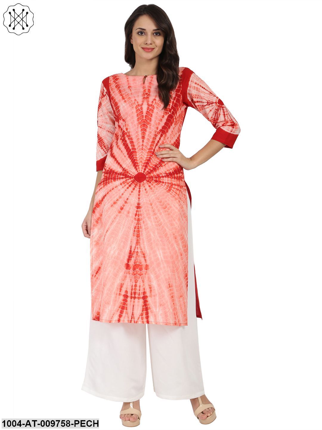 Peach Tie Dye 3/4Th Sleeve Cotton Kurta