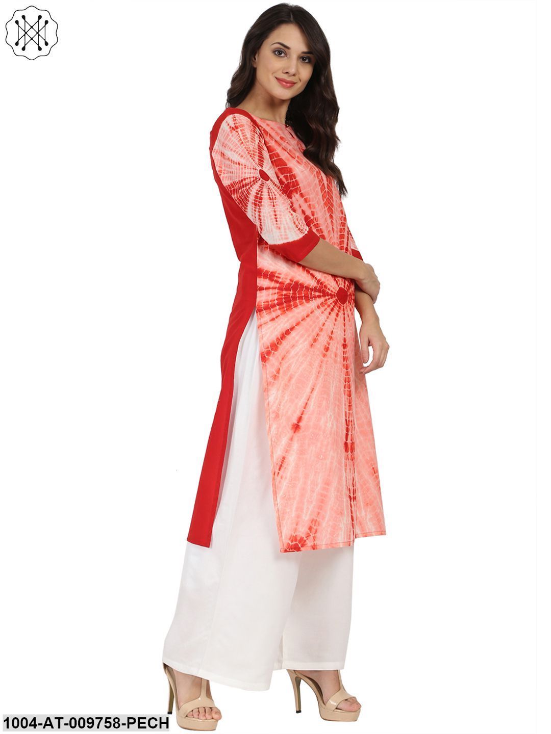 Peach Tie Dye 3/4Th Sleeve Cotton Kurta