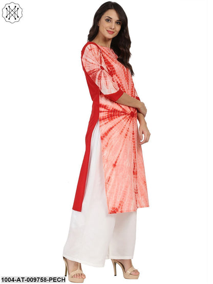 Peach Tie Dye 3/4Th Sleeve Cotton Kurta