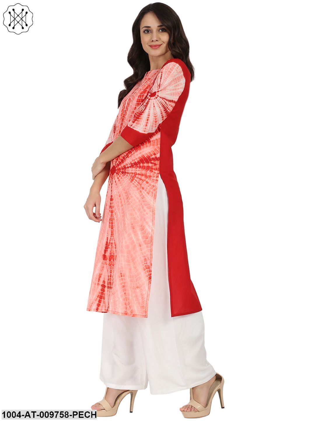 Peach Tie Dye 3/4Th Sleeve Cotton Kurta