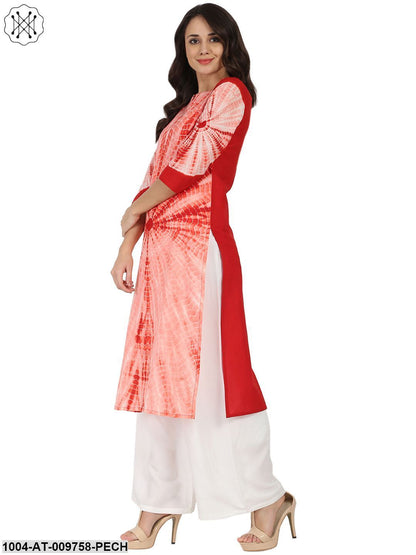 Peach Tie Dye 3/4Th Sleeve Cotton Kurta