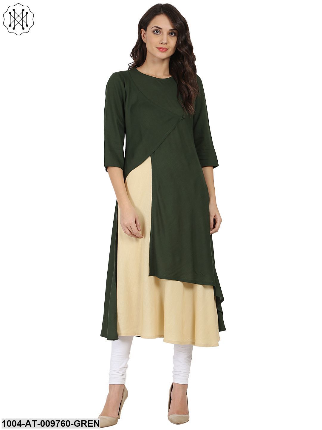 Green & Off White 3/4Th Sleeve Rayon Double Layer A-Line Kurta