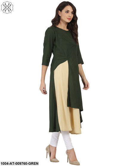 Green & Off White 3/4Th Sleeve Rayon Double Layer A-Line Kurta